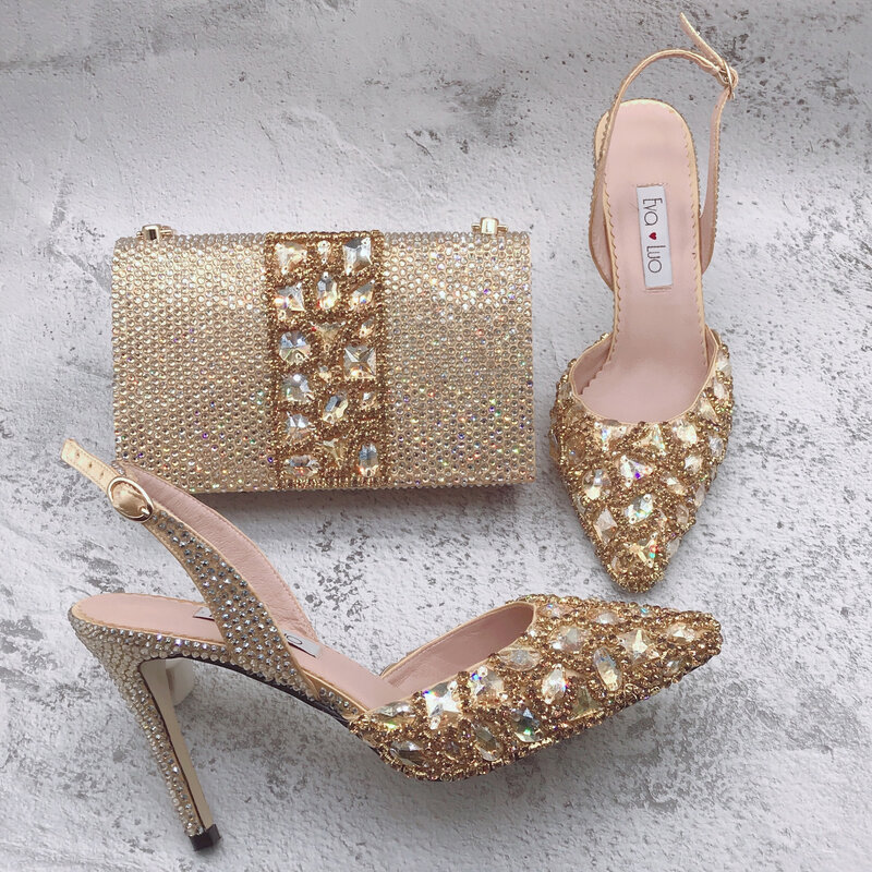 Sapatos de strass brilhantes e conjunto de sacos para mulheres, champanhe ouro, cristal, luxo, personalizado, nupcial, casamento, BS1640, novo design