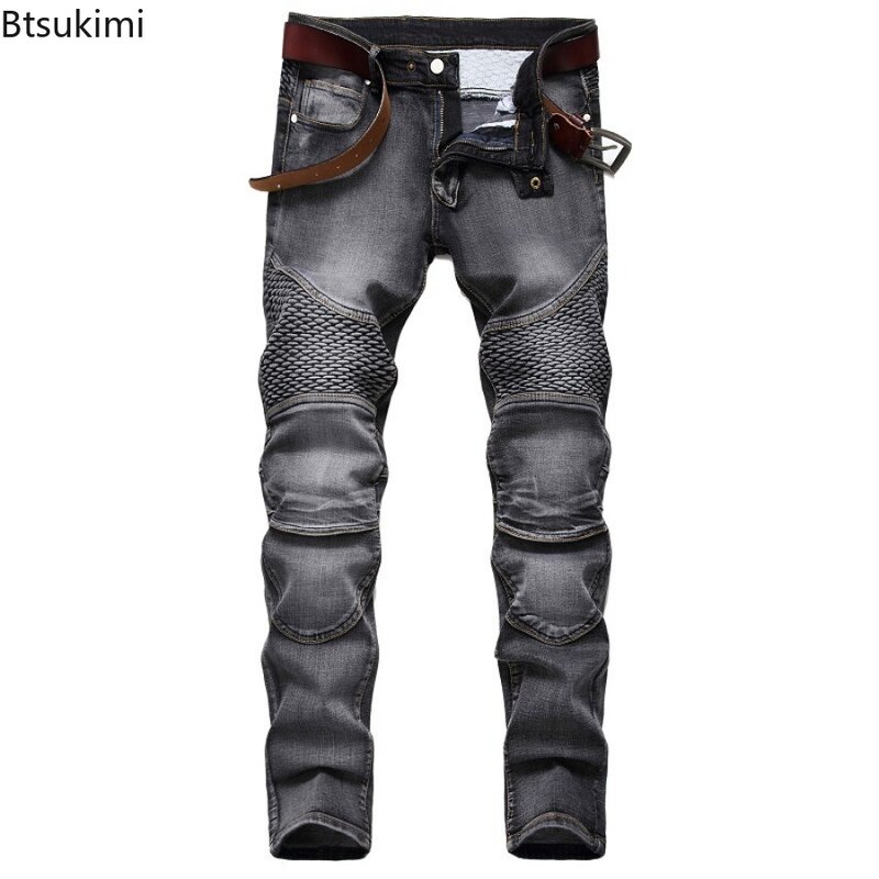 2024 Модные мужские облегающие джинсы в стиле ретро, высококачественные повседневные брюки в стиле хип-хоп, красивые мотоциклетные брюки для мужчин