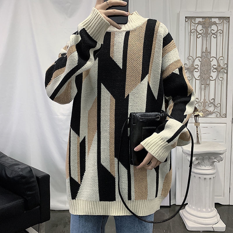 Men Harajuku Vintage Knitted Sweater 2022 Mens Korean Fashion Patchwork Pullovers Man Japanese Streetwear Designer Sweaters D210