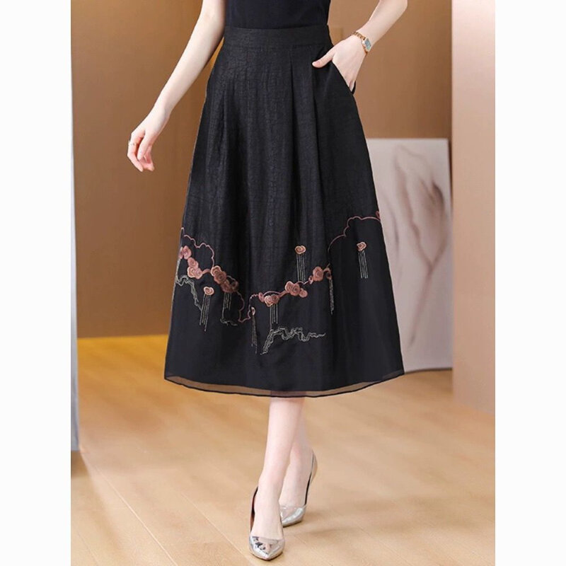 Vintage floral preto feminino de malha longas saias plissadas, saia fina plissada de cintura alta feminina, estilo outono, Q640