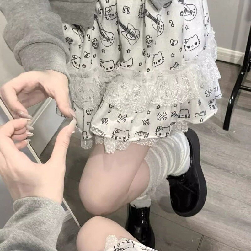 Falda japonesa de encaje elástico para chica, faldas informales minimalistas con estampado de tartas Ponky, Y2k, Lolita oscura, verano 2024
