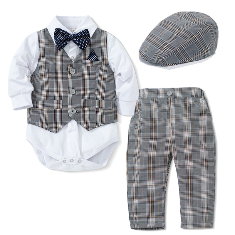 Gentleman Infant Costume Plaid Vest Hat Suit Baby Boy 1st Birthday Set Long Sleeve Romper Autumn Outfit Newborn 3-24M Clothes