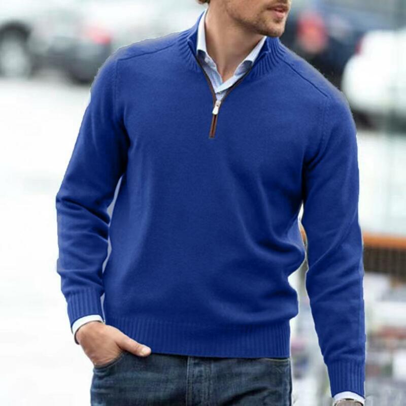 Sweter w jednolitym kolorze Stylowy męski sweter z dzianiny z półwysokim kołnierzem Ciepły elastyczny modny jesienno-zimowy sweter z zamkiem błyskawicznym