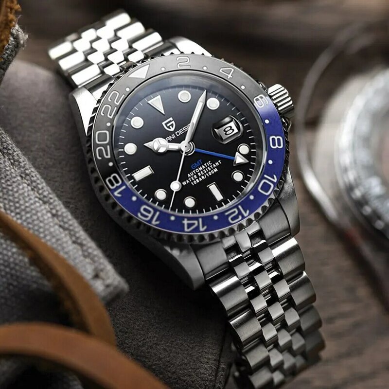 Reloj de pulsera mecánico PAGANI DESIGN para hombres GMT de lujo, reloj de cristal de zafiro de acero inoxidable 100M, relojes automáticos a prueba de agua