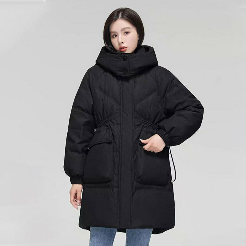 Mantel panjang musim dingin wanita, mantel berkerudung tebal, panjang menengah, Parka putih santai model Korea untuk wanita