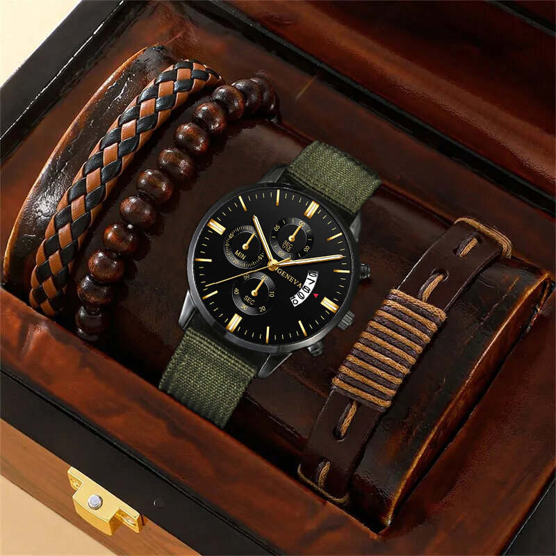 4 Stück Set Mode Herren Business Kalender Uhren Männer Hand Seil Luxus Mann Sport lässig Nylon armband Quarzuhr reloj hombre