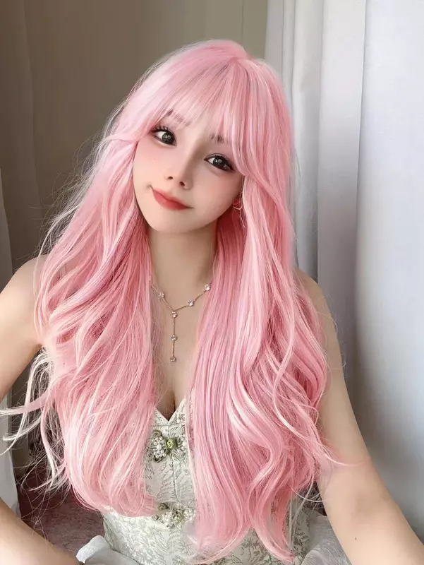 30Inch Pretty Pink Synthetic Wigs with Bangs Long Natural Wavy Hair Wig for Women Daily Use Cosplay Drag Queen Heat Resistant