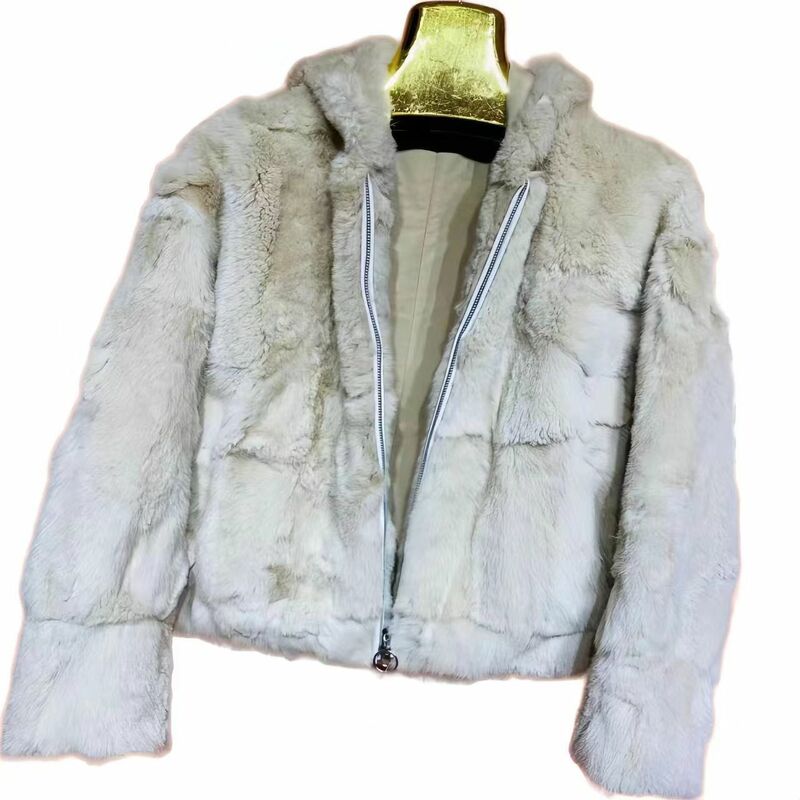 Manteau en fourrure de lapin Rex pour femme, veste courte, pardessus chaud, optique à capuche, haute qualité, vêtements pour femmes, hiver, nouveau, 2023