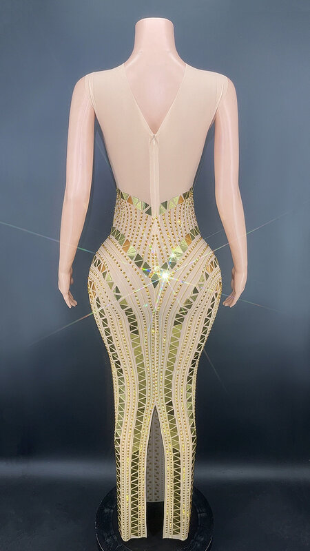Vestido largo de lentejuelas de diamante transparente de encaje Sexy personalizado, vestido de fiesta de rendimiento, envoltura de diamantes de agua, cadera