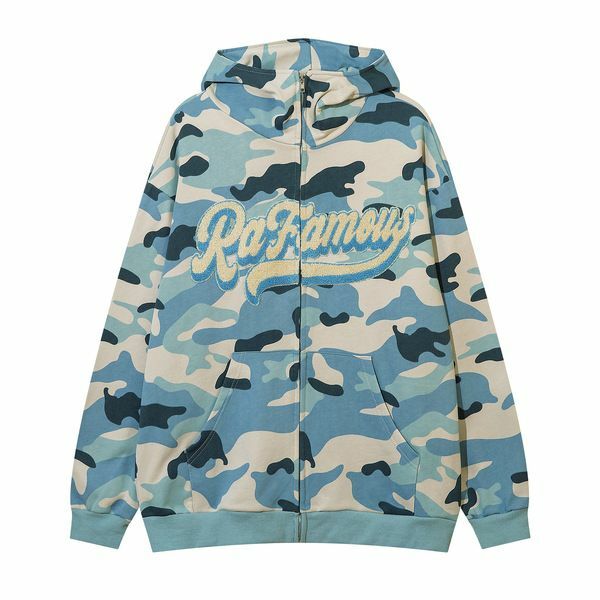 Camouflage zippered hoodie thick sweatshirt men's and women's cardigan oversizey2k clothes couple stitch coat long sleeves