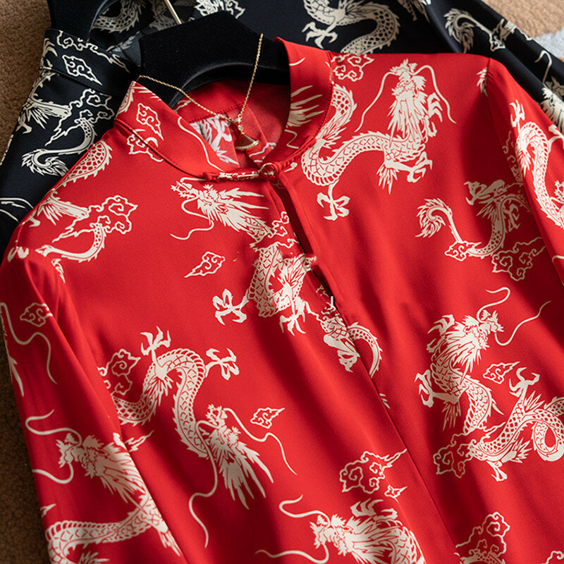 High Quality Hongyun Dragon Pattern Printed Silk Chinese Stand Up Collar Button Mulberry Silk Shirt Blouse Femmes Chemise Y2k