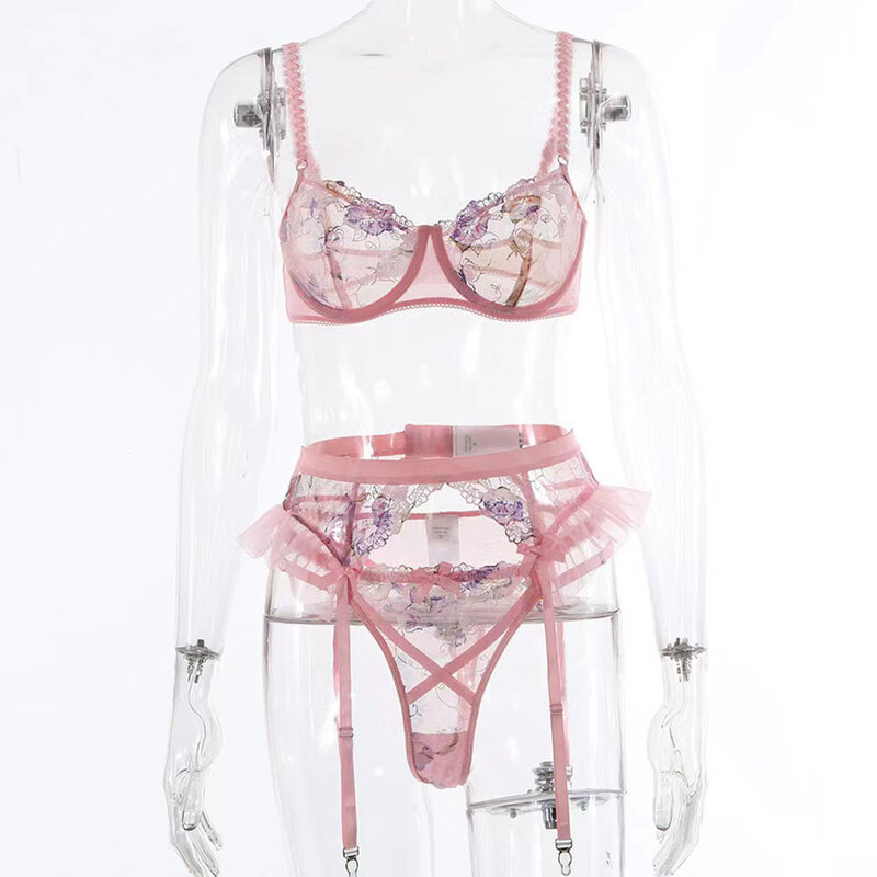 Conjunto de sutiã e cueca transparente feminino, lingerie sexy, ver através de Bralette, cintos de liga, trajes eróticos quentes
