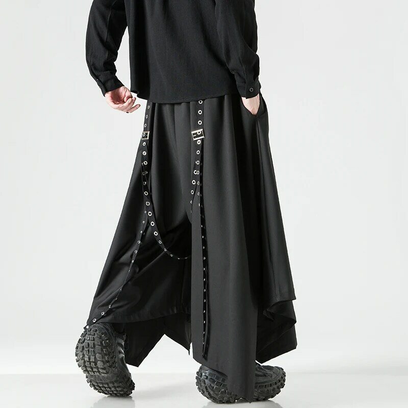 Calças de perna larga com fita para homens e mulheres, estilo Harajuku, calças Punk Harem, calças de saia preta, moda streetwear