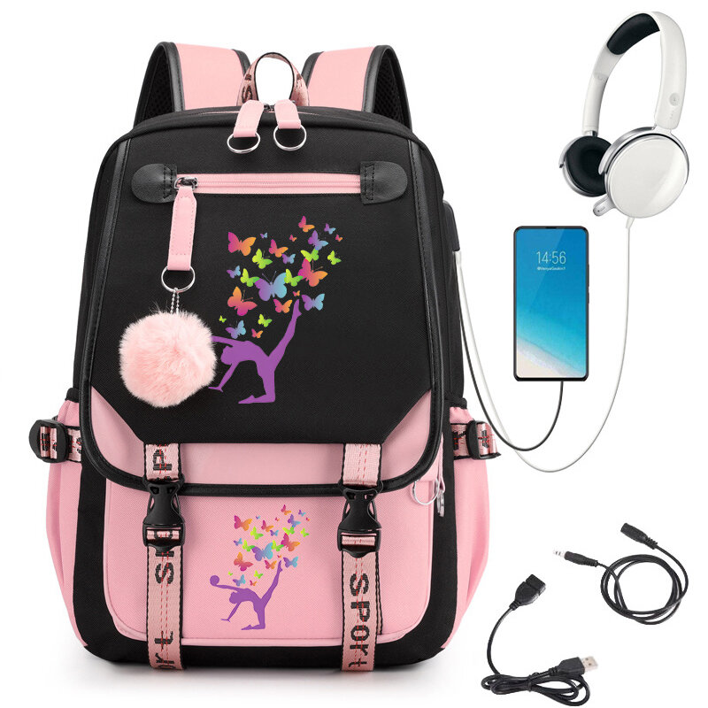Sac à dos imprimé papillon pour filles, sac à dos mignon Kawaii, sac à dos pour élèves du primaire, sac d'école USB pour filles, cartable