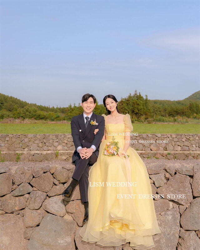 Lism gelbe Organza Korea Hochzeits feier Kleider quadratischen Kragen eine Linie Puff kurze ärmellose Schnur Abendkleid Fotoshooting