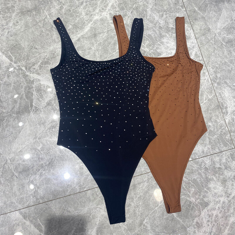 2024 Summer Jumpsuits For Women Bling Teddy Sexy Bodycon Tank Tops Diamond Bodysuit