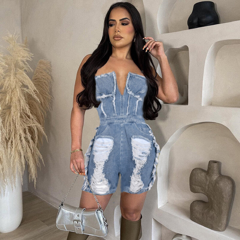 Fashion Ripped Hollow Out Denim Jumpsuit Casual Sleeveless Bodycon Short Women Playsuits Summer Clothings Streetwear Rompers