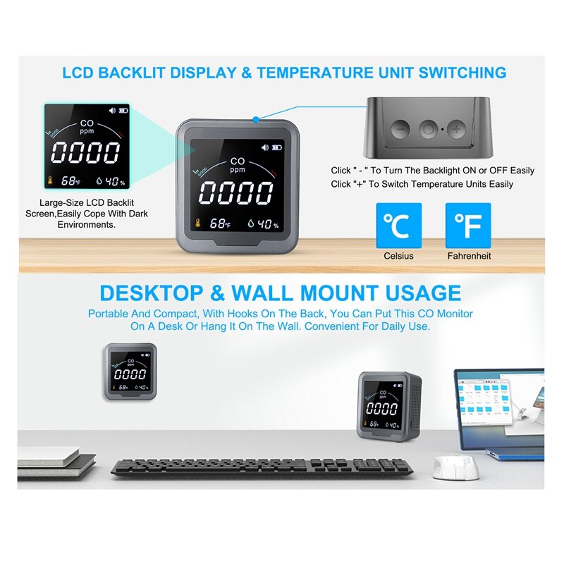 デスクトップおよび壁用の炭素鋼検出器,温度および湿度計,黒,PTH-9D, 3 in 1