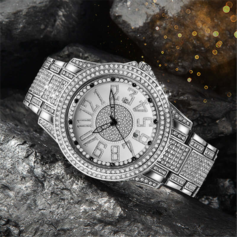Montre en diamant de luxe pour hommes, montres-bracelets à quartz, horloge masculine, glacé, Hip Hop, date, marque supérieure, nouveau, livraison directe