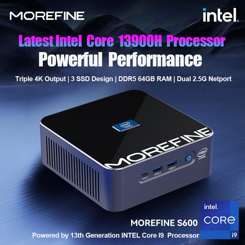 Mini PC Desktop Morefine S600, Intel i7 13800H, i9 13900H, 14 Core, 20 Thread, Windows 11, 2 * M.2 NVME, 2 * LAN Gaming PC