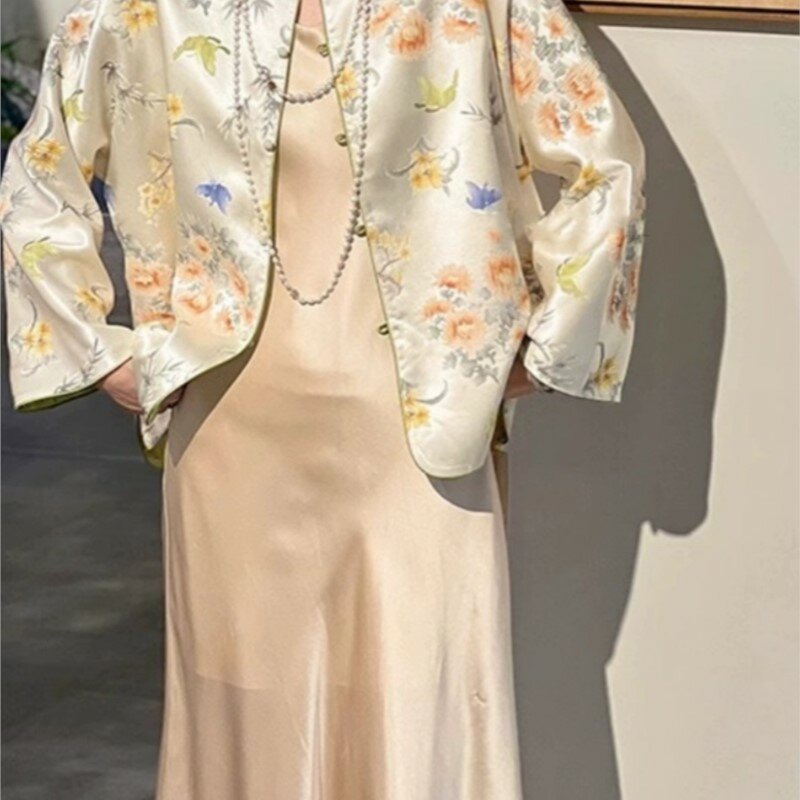 Женский костюм из двух предметов, пальто и платье в китайском стиле