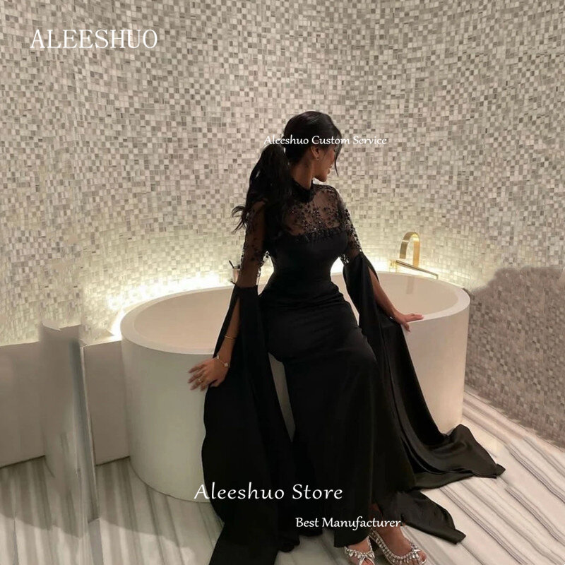 Aleeshuo-vestidos de graduación de sirena negra elegante de Arabia Saudita, cuello alto, Media manga, ilusión Sexy, cuentas plisadas, largo hasta el suelo, 2024