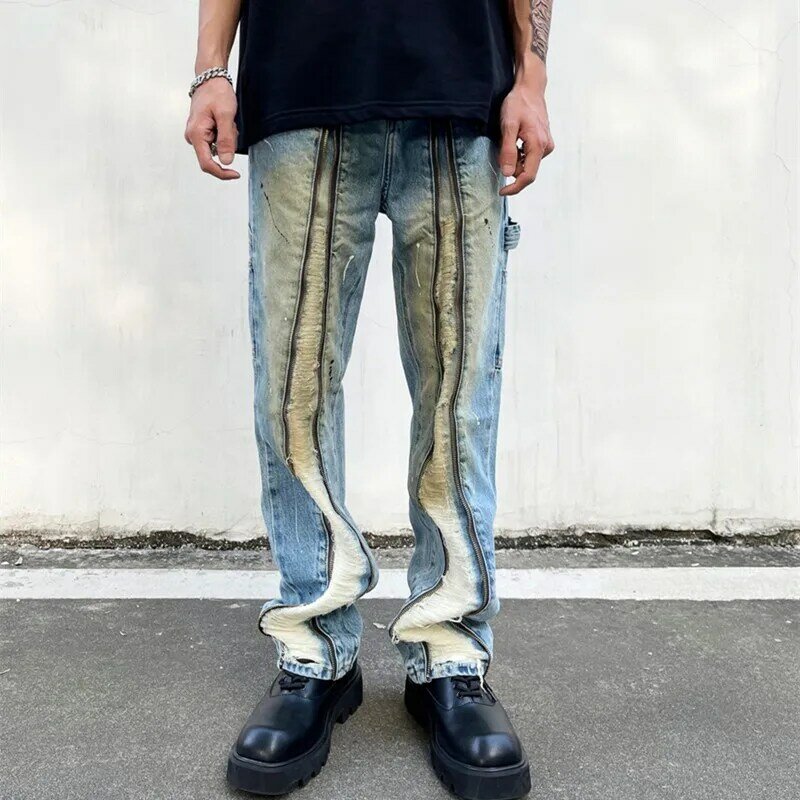 2023 Ropa Grunge Y2K Streetwear Jeans longgar tua celana kargo pakaian pria ritsleting depan Punk celana Denim tumpuk Pantalon Homme