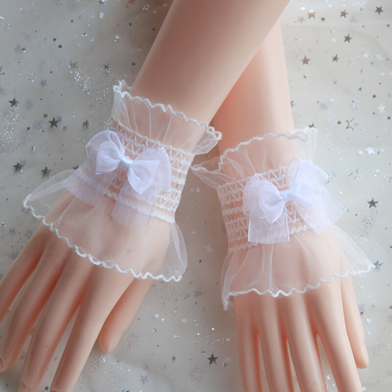1Pair Women's Bow Wrist Sleeve Cute Fairy Lace Mesh Lolita Cuffs For Weddings And Parties