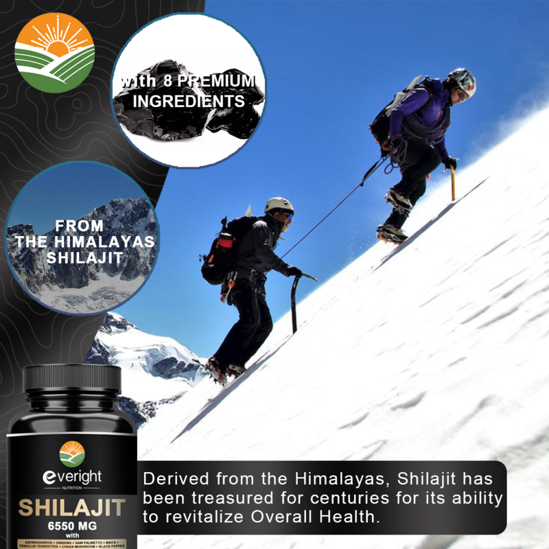 Shilajit Resin Himalayan Capsules - 6550mg - Combined Ashwagandha, Ginseng, Saw Palmetto, Maca, Tribulus, Chaga, Black Pepper