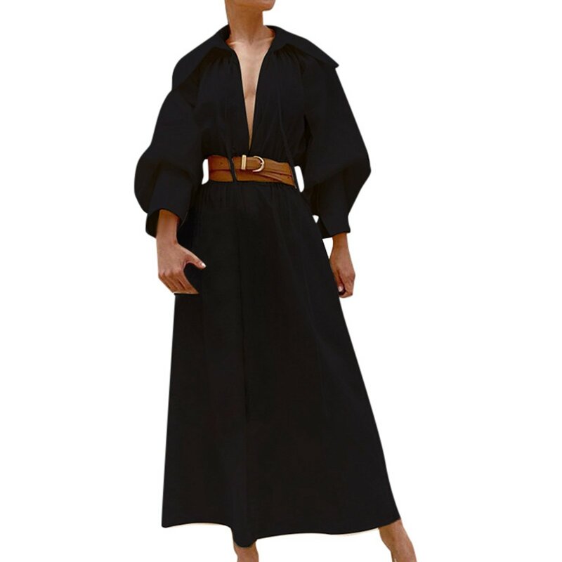 ベルト付きの女性用長袖ディープVネックカクテルドレス、ルーズラインドレス、レトロなホリデードレス、単色、セクシー
