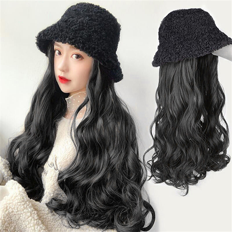 New Synthetic Hat wig All-in-one Autumn and Winter New Wave Roll Lamb Wool Fisherman Hat Natural Women's Full Head Set
