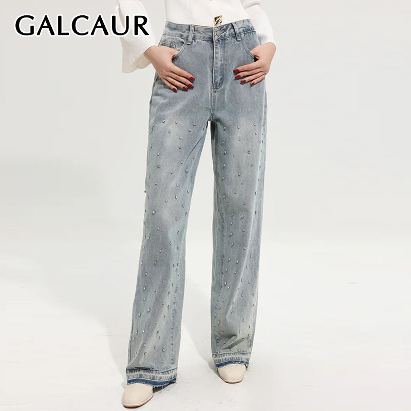 Galcaur กางเกงผู้หญิงเอวสูงมีกระดุมประดับกางเกงยีนส์, กางเกงแฟชั่นผู้หญิงทรงหลวม busana Casual 2024