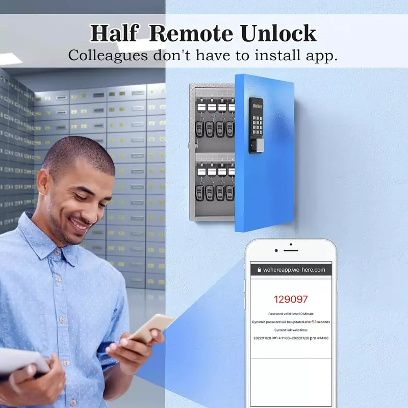 WeHere 32 Key Lock Box, armadietto intelligente per chiavi a parete, OTP/APP Bluetooth/sblocco codice fisso cassaforte per la gestione delle chiavi