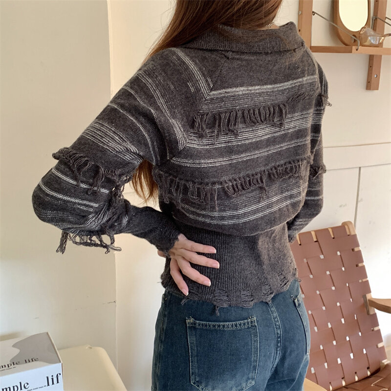 Women Pullover Tops Autumn Winter New Grey Stripe Short Knit Sweater Tops Knitwear Y2k Jumper
