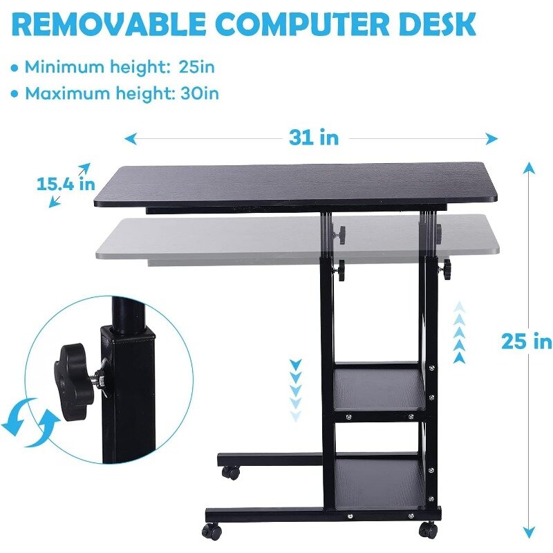Home Office Desk com gaveta, mesa permanente, altura ajustável, suporte móvel do computador, 4 rodas
