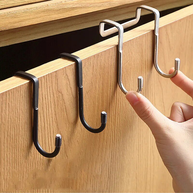 304 Stainless Steel Hook Double S-Shape Hook Free Punching Kitchen Bathroom Cabinet Door Without Trace Hook Towel Storage Hanger