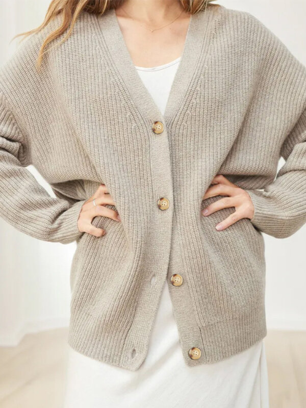 Cárdigan de punto de manga larga con cuello en V para mujer, una sola botonadura sueltas de prendas de punto, chaqueta de otoño e invierno