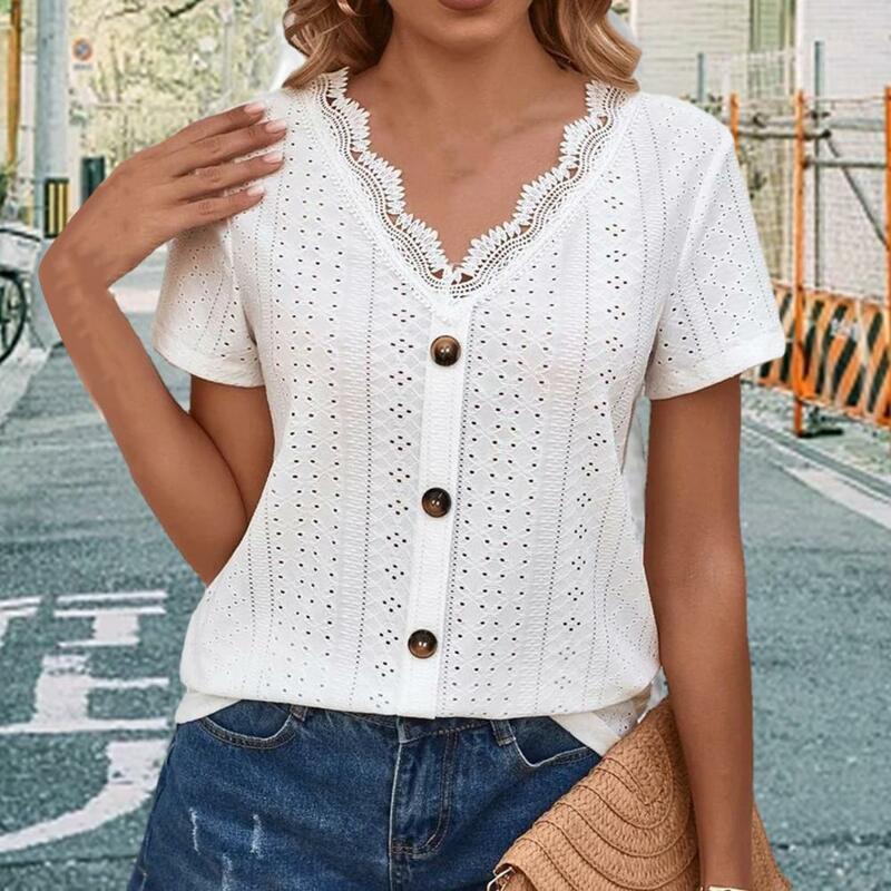 Women Shirt Vintage Lace Stitching Women's Loose V-neck Short Sleeve T-shirt Casual Summer Fashion in Solid Colors Lace