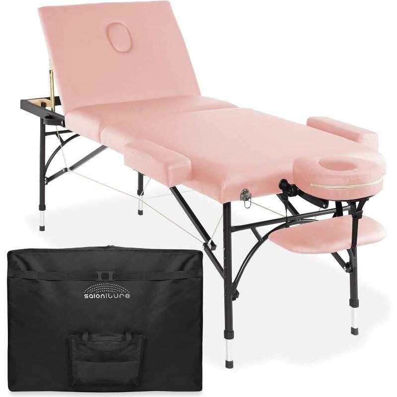Mesa de masaje portátil ligera de tres pliegues con patas de aluminio, incluye reposacabezas, cuna facial, reposabrazos