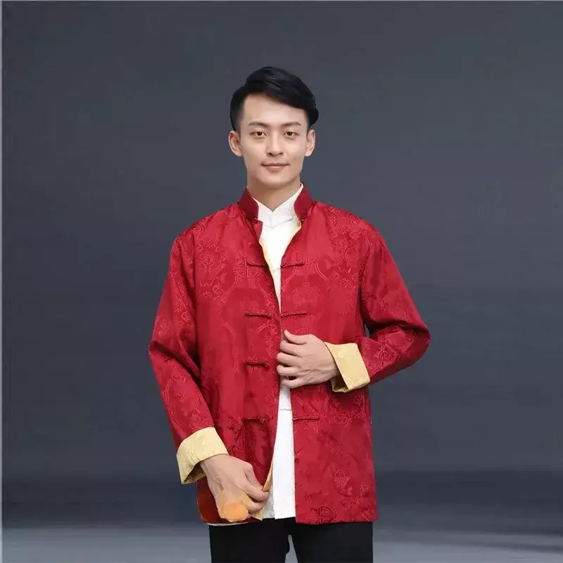 Terno Tang chinês tradicional masculino, jaqueta de manga comprida com estampa de cetim, casaco casual, roupa tradicional chinesa, 6 cores, primavera