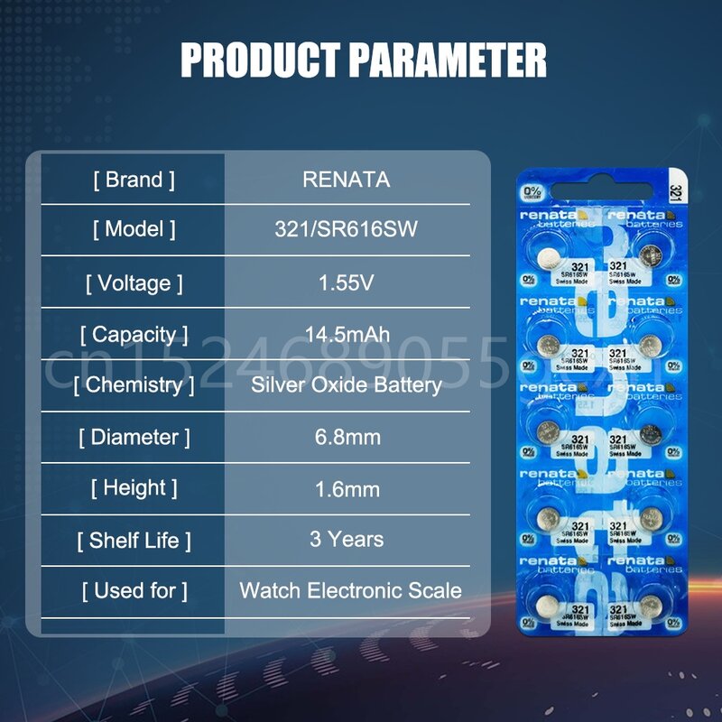 เดิม Renata 321 SR616SW V321 SR616 1.55V แบตเตอรี่นาฬิกาเงินออกไซด์สำหรับของเล่นขนาดสวิสทำกระดุมเซลล์เหรียญ