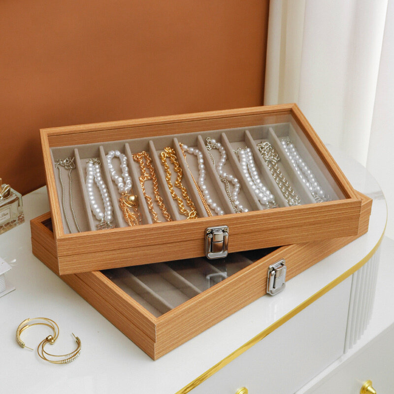 1Pc Wooden Jewelry Storage Box with Lid Dustproof Necklace Bracelet Thick Neck Chain Display Case Transparent Jewelry Organizer