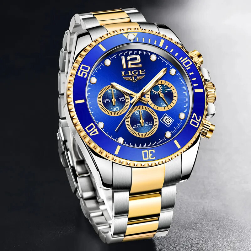 Lige-Men's防水クォーツ腕時計、ステンレスクロノグラフ、高級時計、スポーツウォッチ、トップブランド、ボックスが含まれています