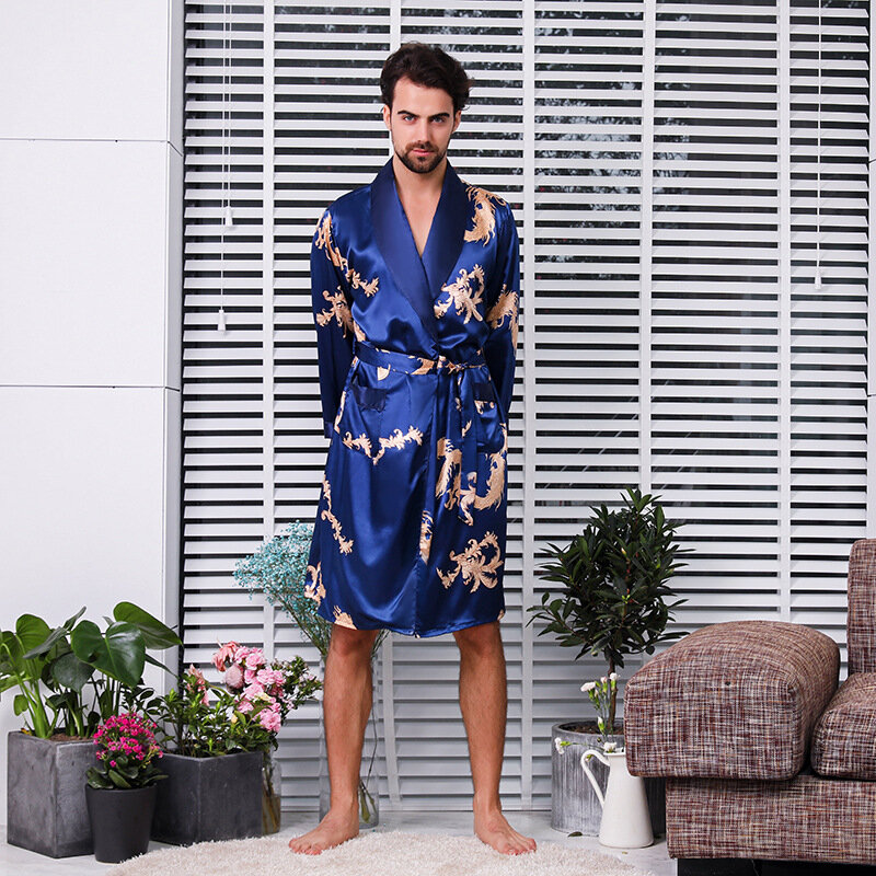 Silk Sleepwear Bathrobe Long Sleeve Pajamas Summer Nightgown Men Clothing Robe Print Silk Pajamas Ice Silk Loungewear New