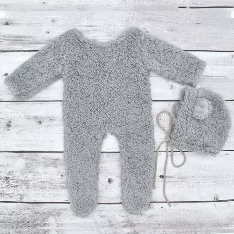Newborn Plush Teddy Jumpsuit Hat Take A Picture Suit Set Baby's Full Moon Growth Record Photography Props Cute Accessories