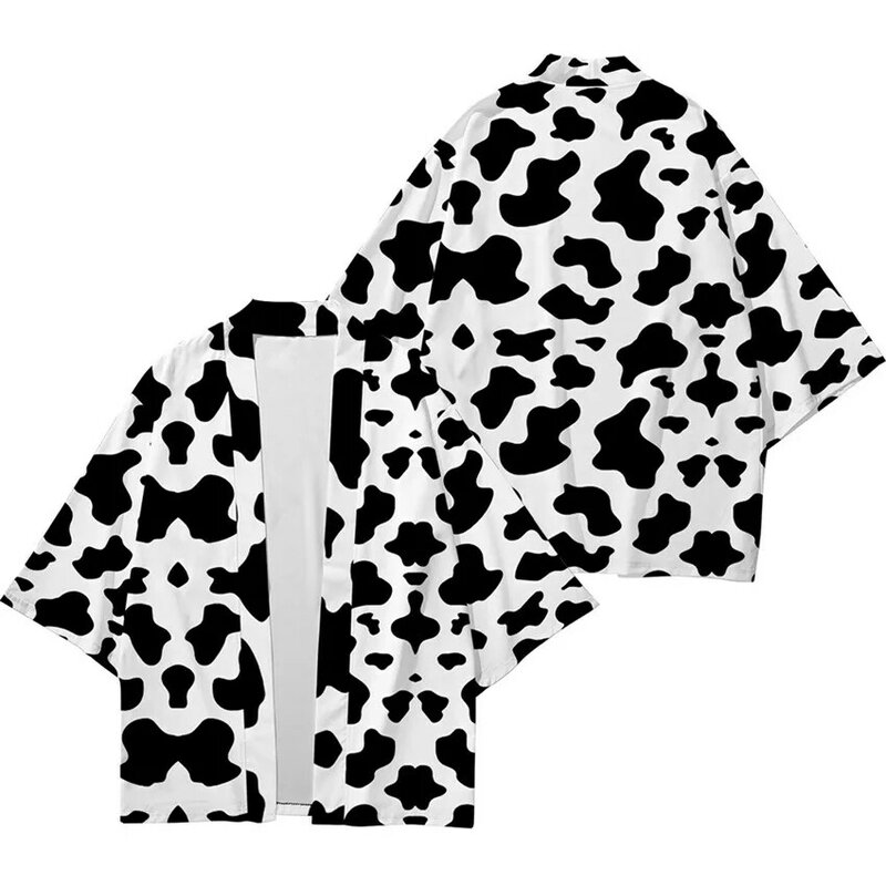 Quimono japonês para homens e mulheres, estampa padrão de vaca preto e branco, cardigan haori, roupas tradicionais chinesas, roupas asiáticas