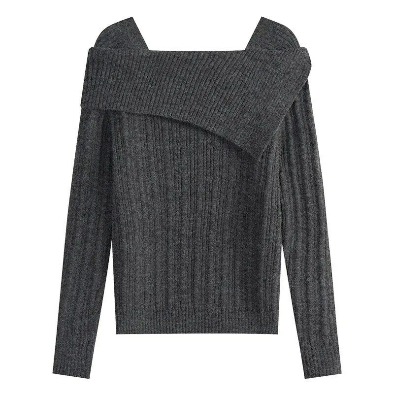 Moda francese una spalla maglione delicato donna 2024 inverno stile pigro manica lunga Slim Fit Pullover Top abbigliamento femminile