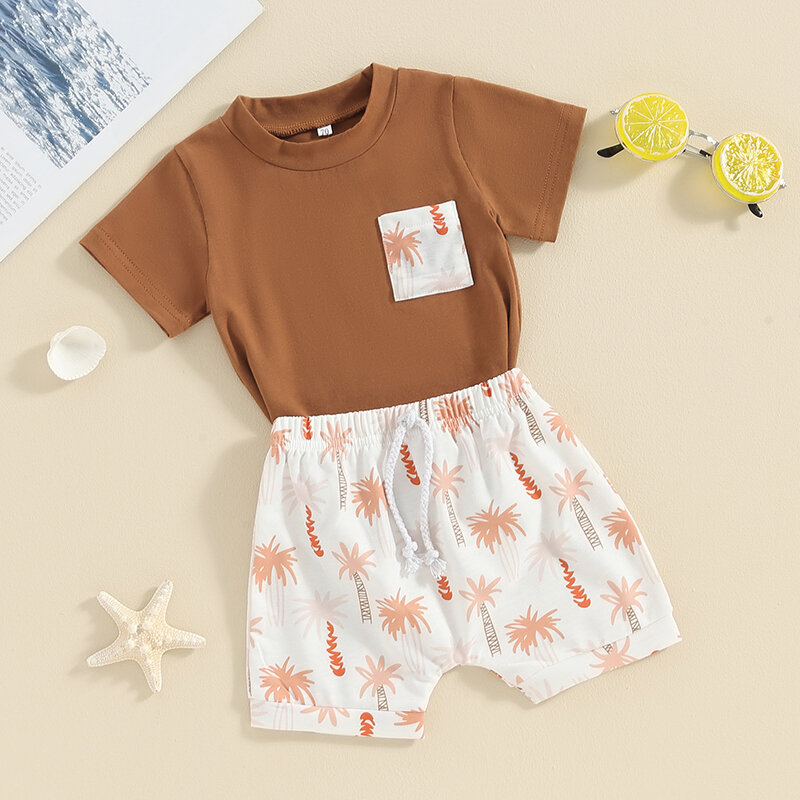 Toddler Baby Boy Summer Outfits Short Sleeve T-Shirt and Print Elastic Shorts 2 Pcs Clothes Set