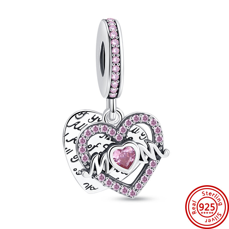 925 Sterling Silver Mom Daughter Heart Shape Printed Beads Charm Pendant Fit Original Pandora Bracelet Making DIY Women Jewelry