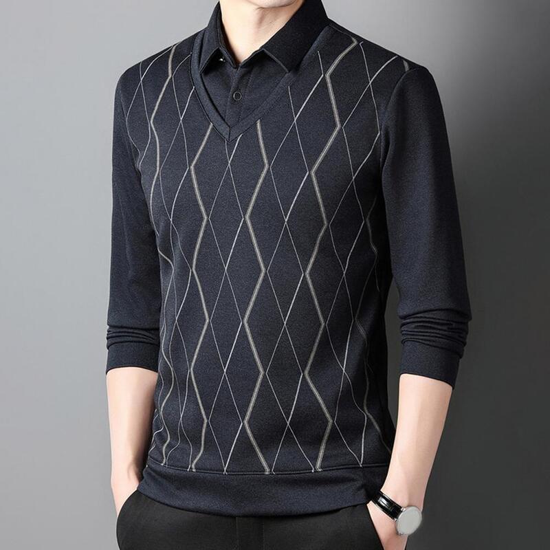 Sweater bisnis pria, motif belah ketupat palsu, Pullover rajut hangat untuk musim gugur Slim Fit untuk usia sedang